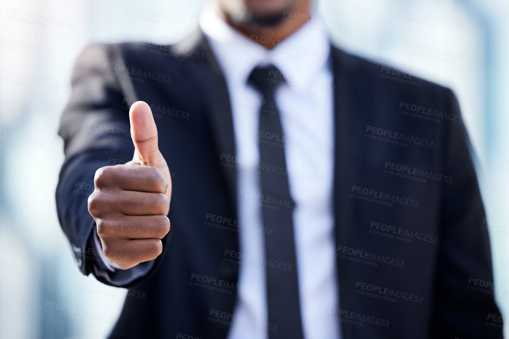 Buy stock photo Businessman, hands and thumbs up in city for success, thank you and corporate agreement or well done. Man, approval and yes sign for reputation or partnership deal, good job or news and achievement.