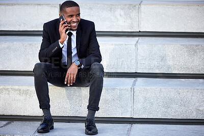 Buy stock photo African businessman, city and phone call with smile, planning and schedule for urban law firm. Lawyer, conversation and idea for goal, case research on stairs for client report with solution