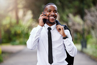 Buy stock photo Businessman, phone call and talking in city with conversation, networking and contact for smartphone. Male banker, mobile and speaking in town for communication with telemarketing and work discussion