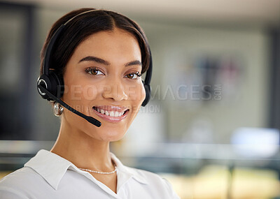 Buy stock photo Happy, woman and face at call centre, closeup for telemarketing, customer service and technical help. Excited, female consultant and client support with technology, communication or conversation