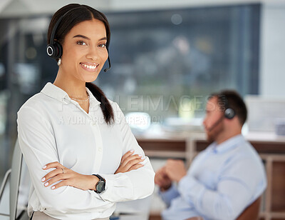 Buy stock photo Call center, portrait or arms crossed by woman manager in office consulting for crm, faq or b2b networking. About us, leadership or outsourcing recruiter with telemarketing, pride or customer support
