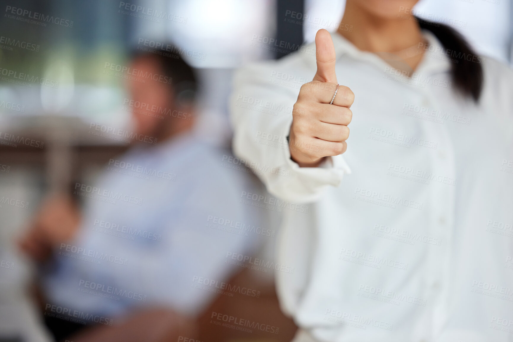 Buy stock photo Welcome, hands or business woman with thumbs up in office for customer support, thank you or contact us motivation. Yes, success and consultant with agreement, sign or emoji for good job or praise