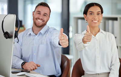 Buy stock photo Call center, portrait and business people in office with thumbs up for contact us, offer or customer service. Outsourcing, agreement and telemarketing team with success hands for loan, faq or support