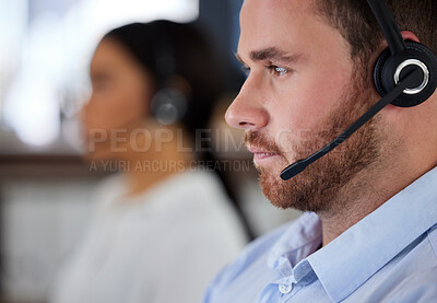Buy stock photo Man, consultant and headset in call center office, working and customer support or telemarketing service in coworking space. Sales, help desk and tech for online assistance, crm and employee
