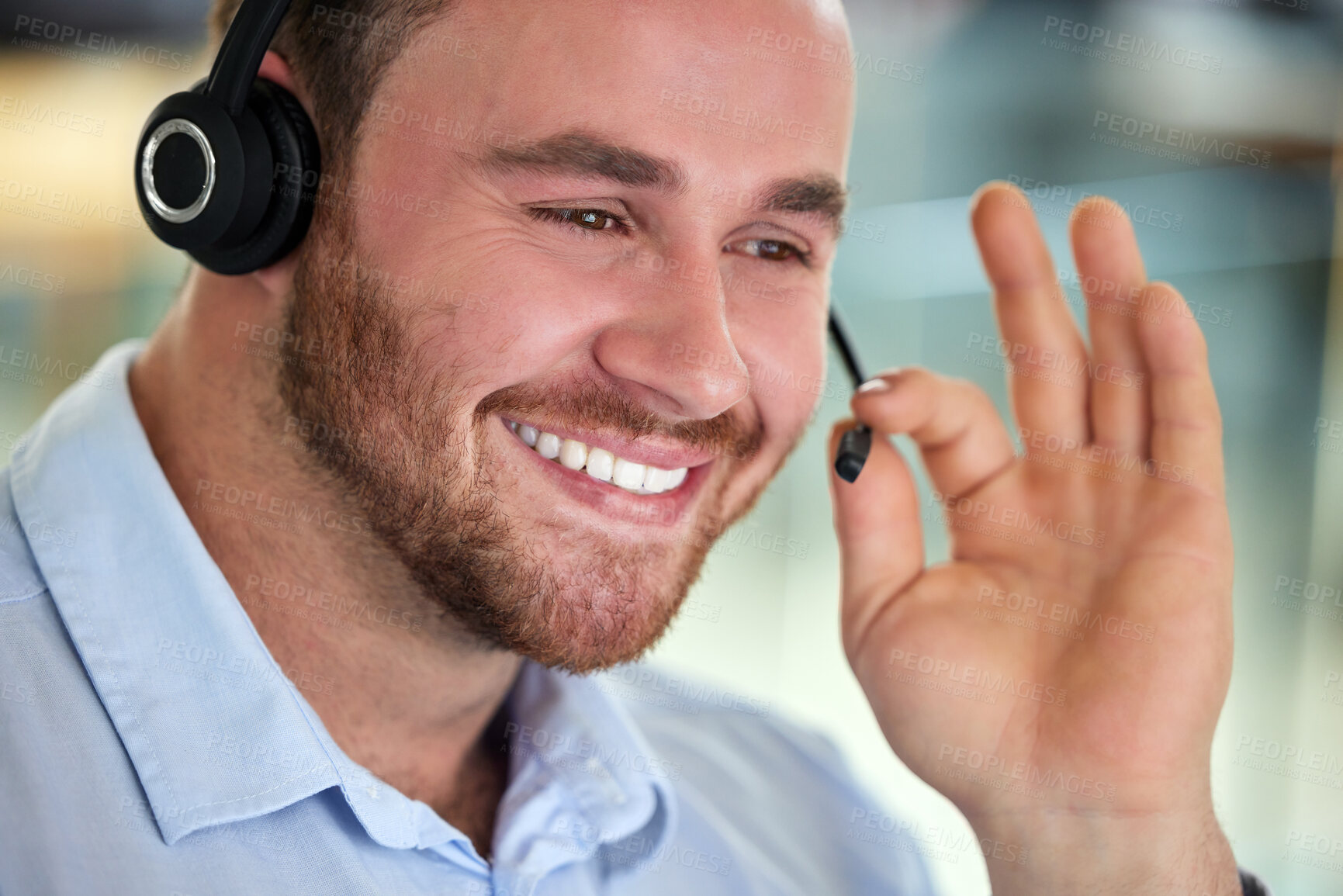 Buy stock photo Smile, call center and man on mic for help, support or customer service in business office. Face, telemarketing and happy consultant on headset for advice, contact us and listen for crm sales online