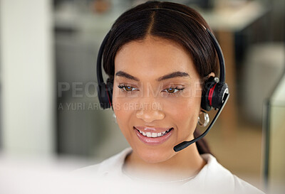 Buy stock photo Happy, woman and face at call centre, closeup for customer service, telemarketing and technical support. Female consultant and technology with smile for client help with communication or conversation