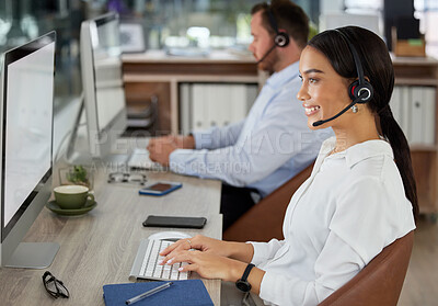 Buy stock photo Woman, consultant and headset in call center office, typing and customer service or telemarketing in coworking space. Sales, happy and computer for online assistance, help desk and employee with tech