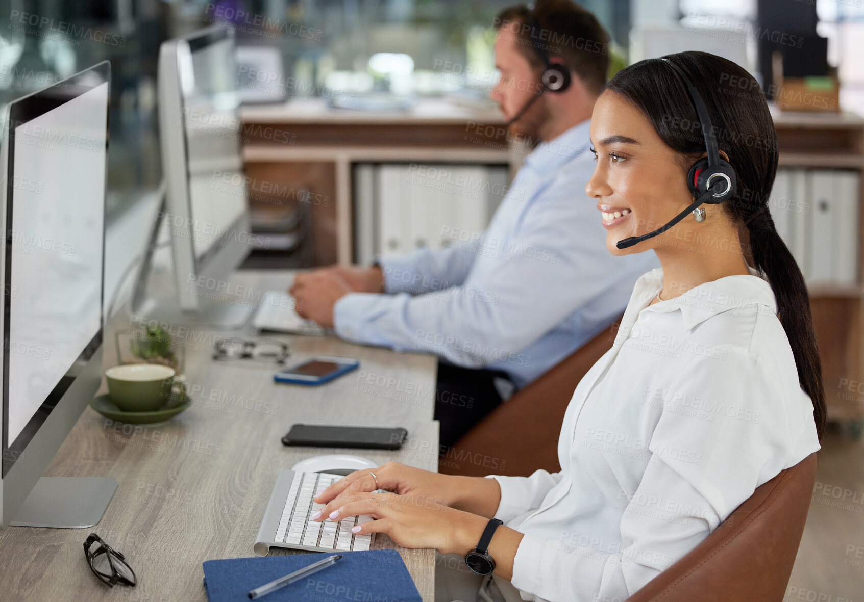 Buy stock photo Woman, consultant and headset in call center office, typing and customer service or telemarketing in coworking space. Sales, happy and computer for online assistance, help desk and employee with tech