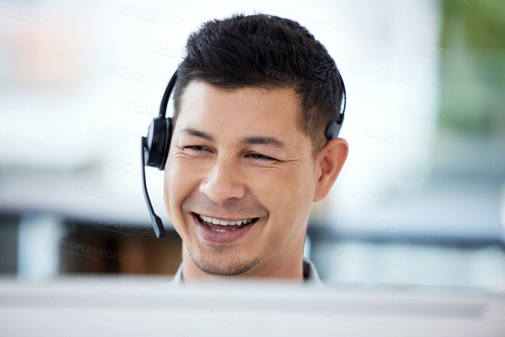 Buy stock photo Call center, consulting and man with smile in office for customer service, advice and telemarketing. Agent, consultant and headset with technology at work or communication, help and support in crm