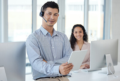 Buy stock photo Portrait, man and call centre with tablet, headset and telemarketing for sales and customer service. Digital, agent and colleague in office, smile and computer for tech support, assistance and job