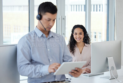 Buy stock photo Portrait, woman and call centre with computer, headset and telemarketing for sales and customer service. Digital, agent and coworker in office, smile and tablet for tech support, assistance and job