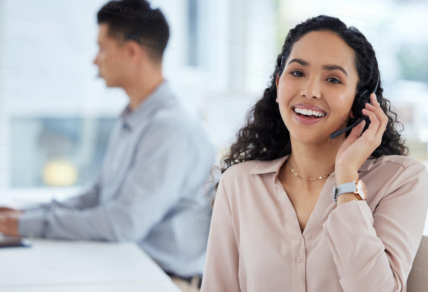 Buy stock photo Call center, headset and portrait of consultant woman in telemarketing office for online assistance or help. Contact us, desk and microphone with happy crm agent in workplace for customer support