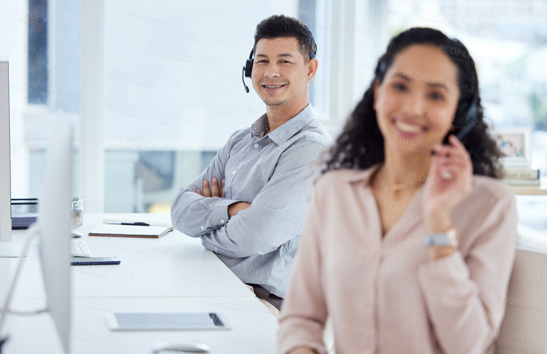 Buy stock photo Portrait, man and desk of call centre, headset and telemarketing for sales and customer service. Digital, agent and colleague in office, collaboration and teamwork for tech support and assistance