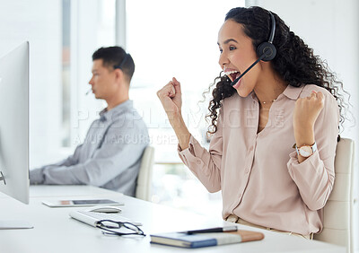 Buy stock photo Call center, computer and winner with consultant woman in telemarketing office for online assistance or help. Contact, desk and success with happy agent or operator in workplace for customer support
