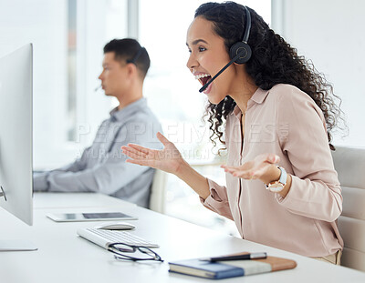 Buy stock photo Call center, computer and wow with consultant woman in telemarketing office for online assistance or help. Contact us, desk and surprise with happy agent or operator in workplace for customer support