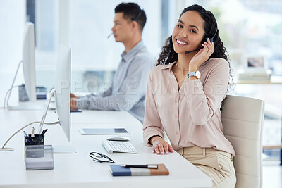 Buy stock photo Call center, desk and portrait of consultant woman in telemarketing office for online assistance or help. Computer, contact us and microphone with agent or operator in workplace for customer support