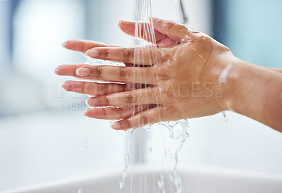 Buy stock photo Woman, water and hands for hygiene, healthcare and germ protection in bathroom. Skincare, liquid and safety from bacteria, virus and splash at sink for dermatology and wellness in the morning