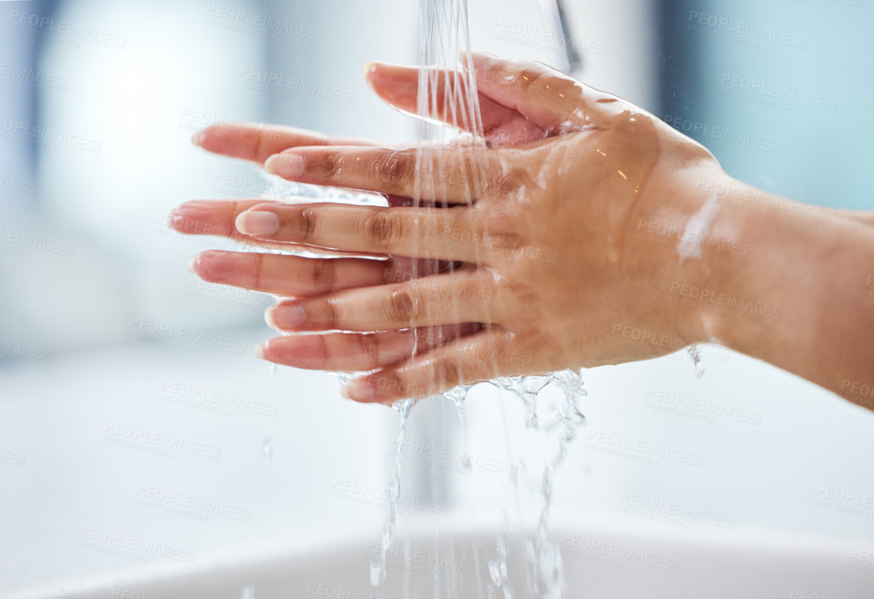 Buy stock photo Woman, water and hands for hygiene, healthcare and germ protection in bathroom. Skincare, liquid and safety from bacteria, virus and splash at home for dermatology and wellness in the morning