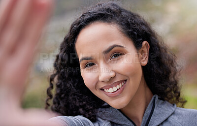 Buy stock photo Fitness, happy woman or portrait for outdoor selfie for social media, post update or profile picture with smile. Hiking exercise, girl or photography for memory, training or walking in nature or park