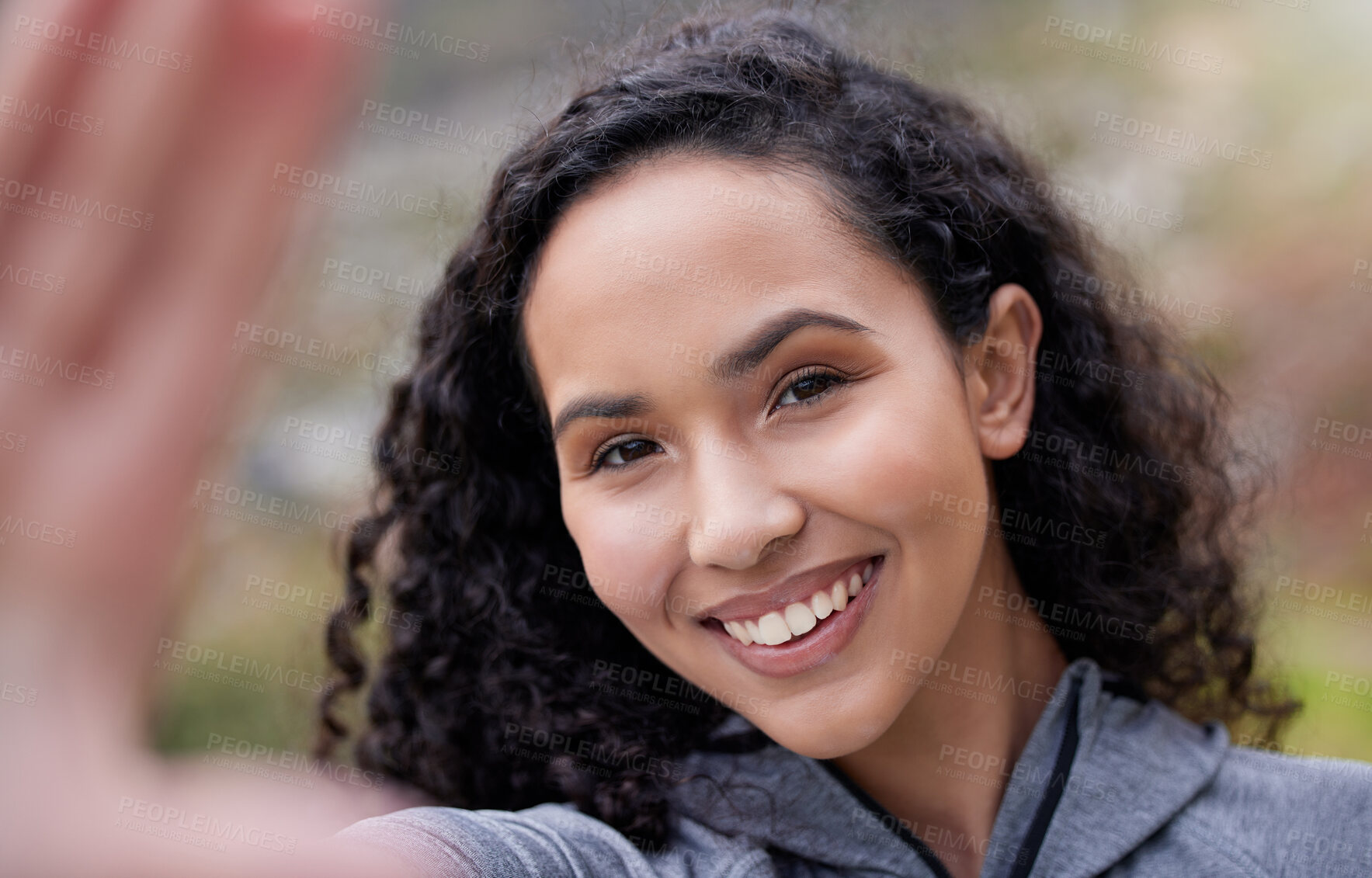 Buy stock photo Fitness, happy woman or portrait for outdoor selfie for social media, post update or profile picture with smile. Hiking exercise, girl or photography for memory, training or walking in nature or park