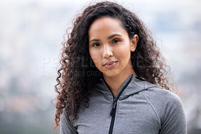 Buy stock photo Athlete, portrait or woman in outdoor workout, training or exercise with pride, rest or confidence. Sports person, girl and female runner in park running, hiking or wellness for fitness and break