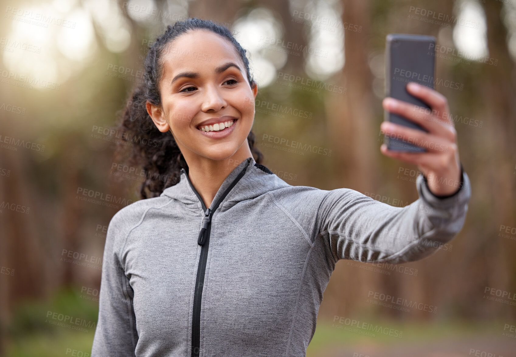 Buy stock photo Smile, runner and woman with selfie outdoor for fitness, exercise or influencer on social media for photography. Sports, picture and happy athlete in nature for training, wellness or healthy body