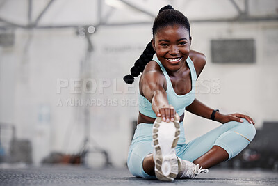 Buy stock photo Gym, portrait or black woman stretching legs for workout routine or body movement for active fitness. Happy, athlete or healthy girl smiling in exercise training warm up for flexibility or mobility 