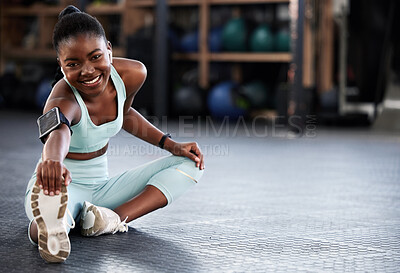Buy stock photo Music, portrait or black woman in gym stretching legs for workout routine or body movement for fitness. Happy, headphones or healthy girl athlete smiling in exercise training warm up for flexibility 