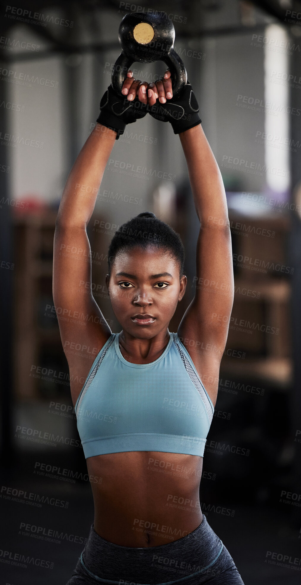 Buy stock photo Fitness, kettlebell or portrait of black woman in training, workout or bodybuilding exercise for grip. Body builder, girl power or strong sports athlete with at gym to start lifting heavy weights 