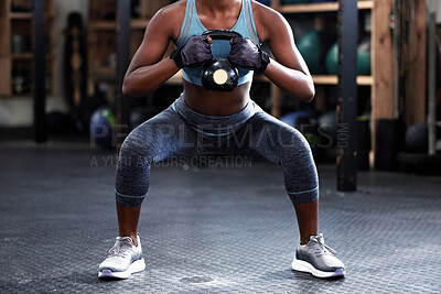 Buy stock photo Fitness, kettlebell squat or woman in training, workout or bodybuilding exercise for grip strength or power. Body builder, arms or strong sports athlete with at gym to start lifting heavy weights