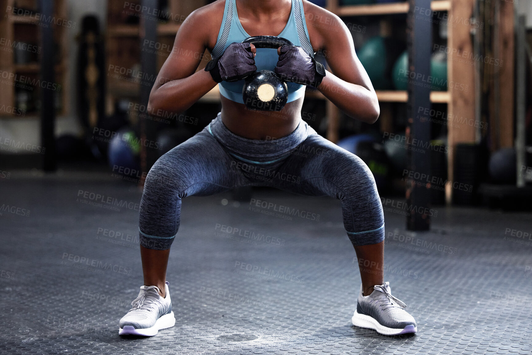 Buy stock photo Fitness, kettlebell squat or woman in training, workout or bodybuilding exercise for grip strength or power. Body builder, arms or strong sports athlete with at gym to start lifting heavy weights