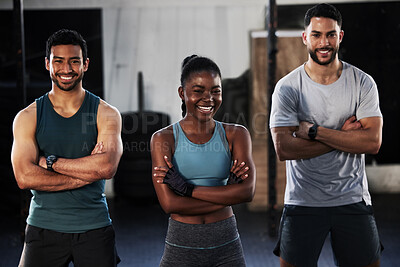Buy stock photo Personal trainer, team portrait or happy people at gym for a workout, exercise or training for healthy fitness. Sports coaches, black woman or instructors with arms crossed or smile in gym studio