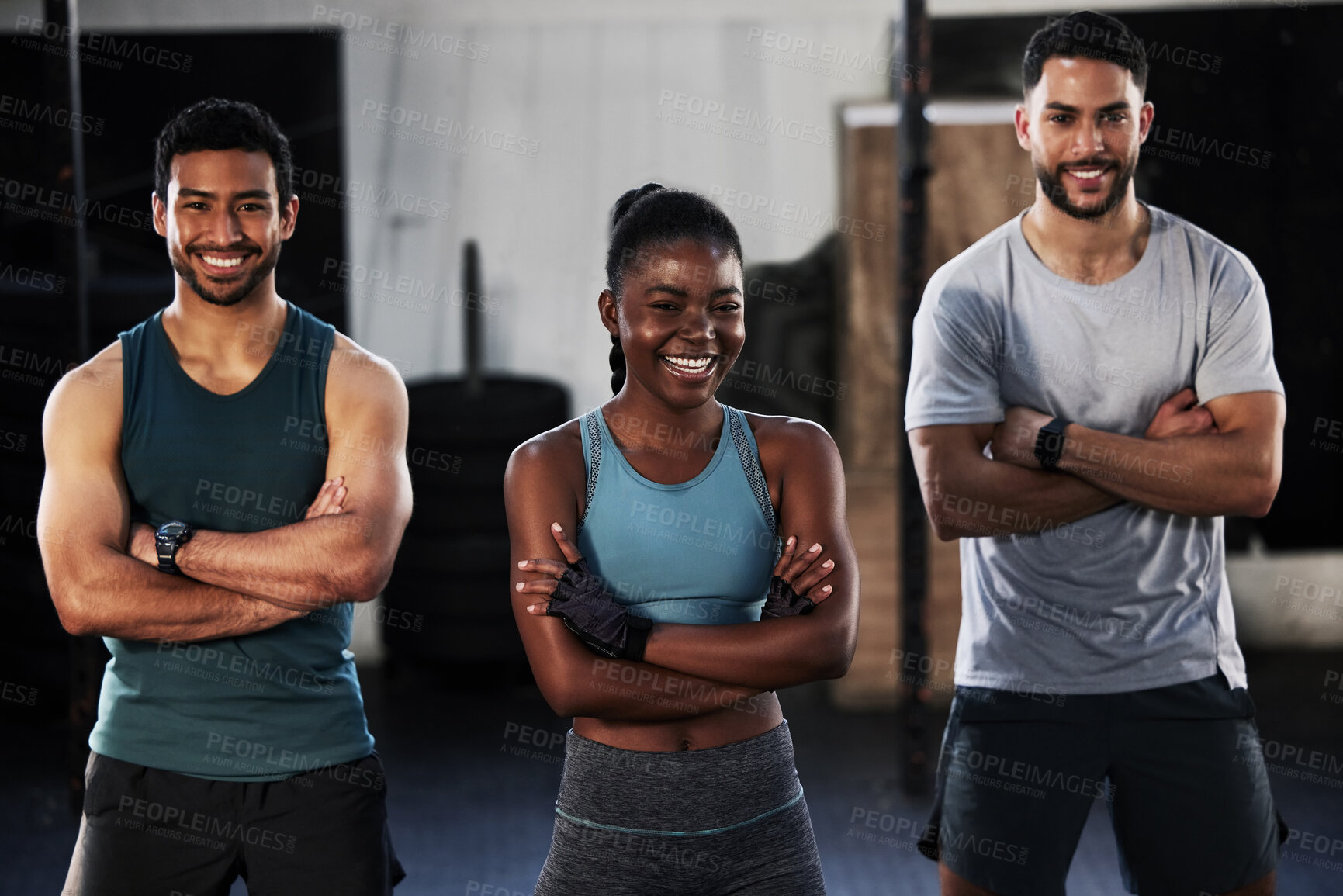 Buy stock photo Personal trainer, team portrait or happy people at gym for a workout, exercise or training for healthy fitness. Sports coaches, black woman or instructors with arms crossed or smile in gym studio