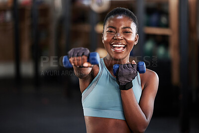 Buy stock photo Portrait of boxer, dumbbell or happy black woman training, exercise or workout for a strong punch or power. Smile, face or African girl boxing with dumbbells, weights or exercising in fitness gym 