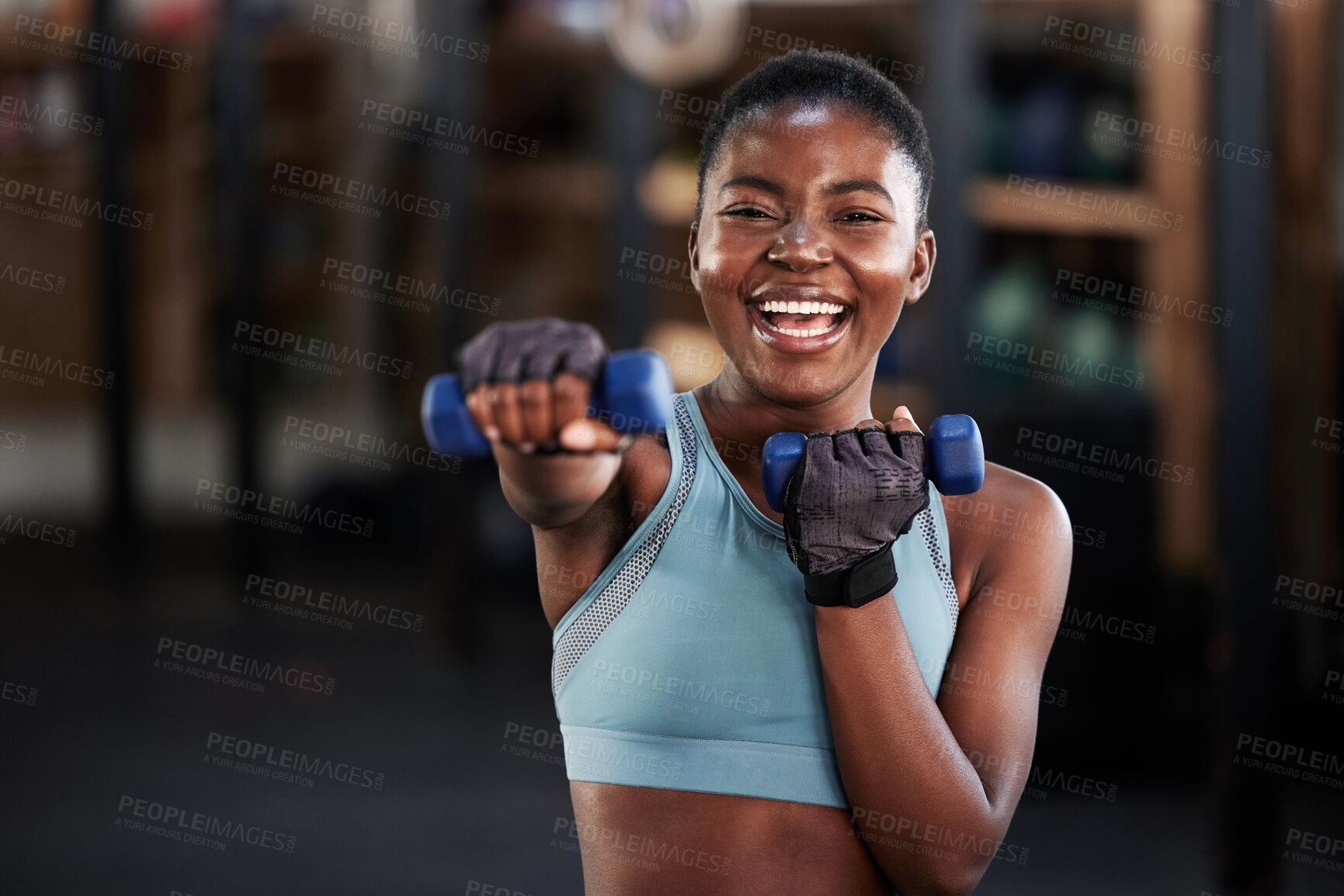 Buy stock photo Portrait of boxer, dumbbell or happy black woman training, exercise or workout for a strong punch or power. Smile, face or African girl boxing with dumbbells, weights or exercising in fitness gym 