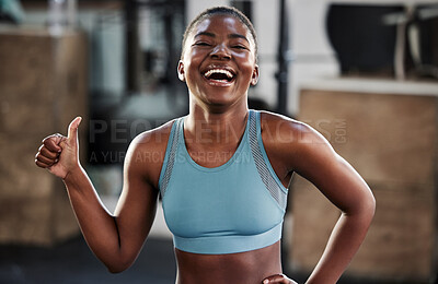 Buy stock photo Gym, portrait or happy girl with thumbs up in fitness training with positive mindset or motivation. Encouragement, workout or excited African personal trainer with like hand sign, support or thumb up