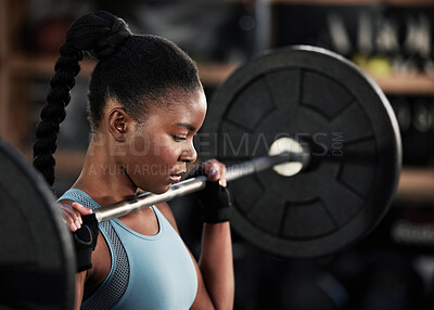 Buy stock photo Strong, barbell and woman training, fitness and workout goal with wellness, health and weight lifting. Female person, girl or athlete with gym equipment, exercise or challenge with performance target