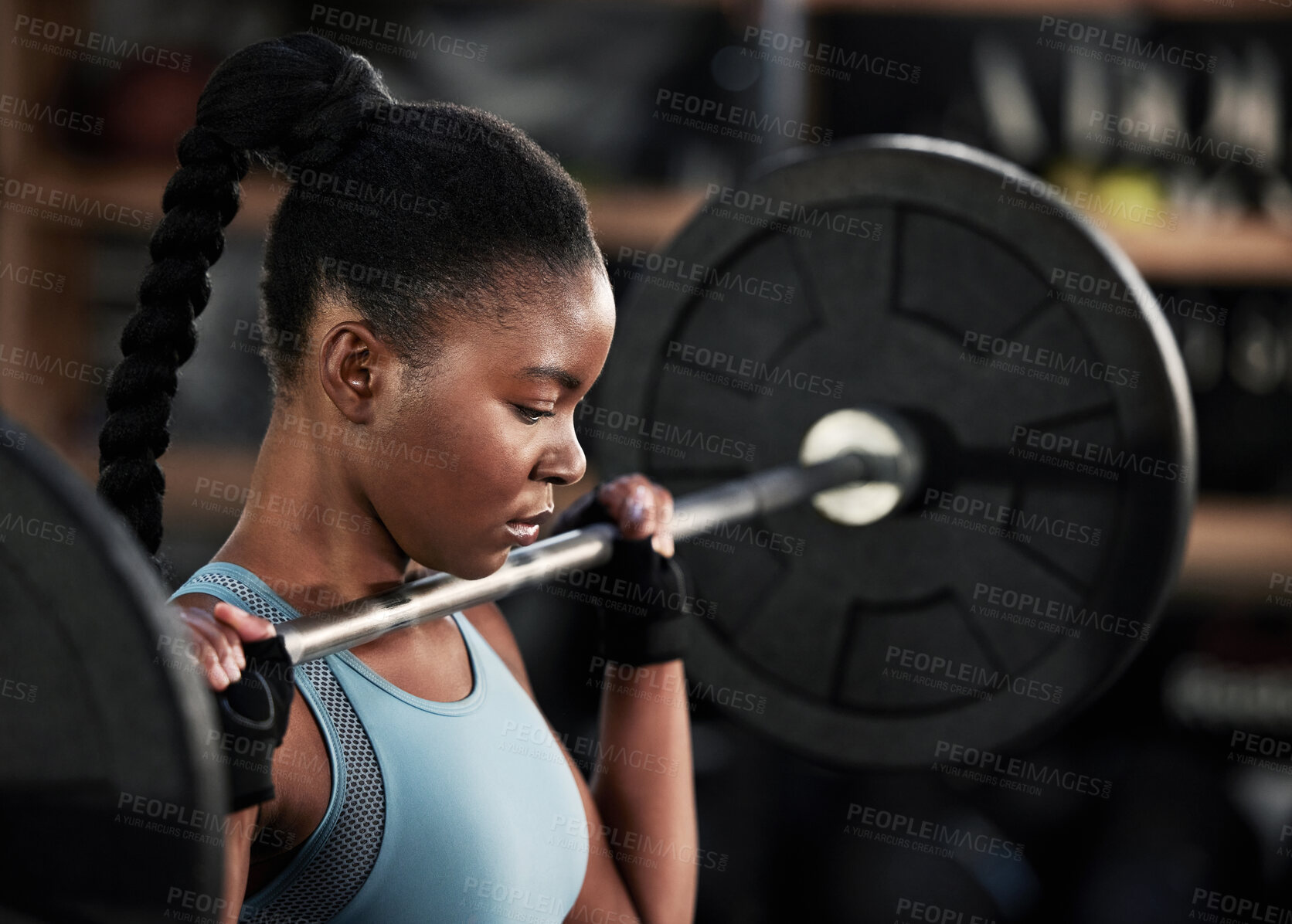 Buy stock photo Strong, barbell and woman training, fitness and workout goal with wellness, health and weight lifting. Female person, girl or athlete with gym equipment, exercise or challenge with performance target