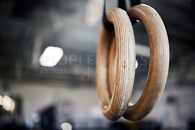Buy stock photo Gym, gear and rings for exercise, gymnastic and equipment for strong challenge. Functional fitness, sport and athletic for apparatus and training for health and wellness, workout and club for hanging