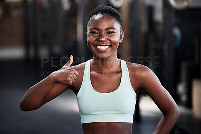 Buy stock photo Sports, black woman and athlete with thumbs for gym success or happy workout and isolated. Fitness, train and African female runner or smile or yes for health and motivation for winning on mock up