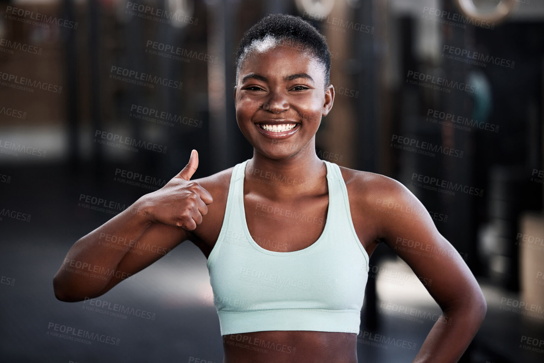 Buy stock photo Sports, black woman and athlete with thumbs for gym success or happy workout and isolated. Fitness, train and African female runner or smile or yes for health and motivation for winning on mock up