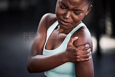 Buy stock photo Sports, fitness and woman with shoulder injury or pain or workout accident and on mockup. Workout, train and African female athlete with a medical emergency or sprain muscle after a cardio exercise.