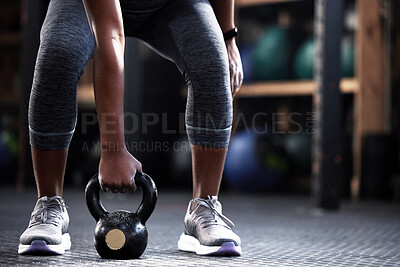 Buy stock photo Fitness, kettlebell or hands of woman in training, workout or bodybuilding exercise for grip strength or power. Body builder, arms closeup or strong athlete at gym to start lifting heavy weights