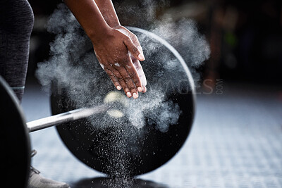 Buy stock photo Fitness, barbell or hands of bodybuilder with chalk in workout or exercise for strength training. Deadlift, powerlifting closeup or sports athlete weightlifting with powder or dust on gym floor 