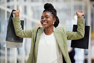 Buy stock photo Black woman, portrait smile and shopping bag for payment, discount or sale at retail store or mall. Face of happy African female person or shopper smiling with gift bags, buy products or purchase