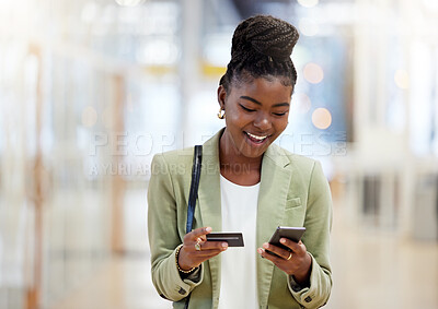 Buy stock photo Black woman, phone and credit card for online shopping, payment or banking with smile at the office. Happy African female person or shopper smiling on mobile smartphone for bank app, buy or ecommerce