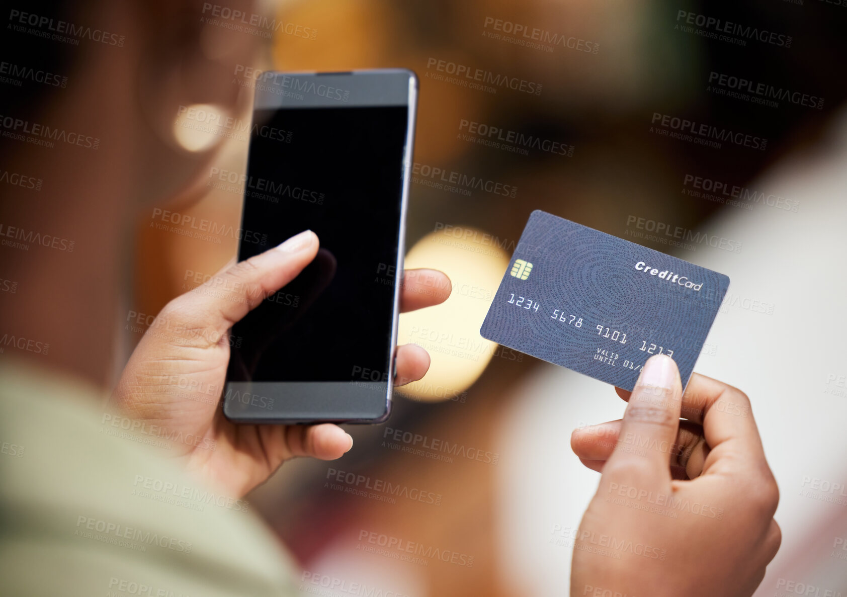 Buy stock photo Hands, credit card and phone for online shopping, woman or blank screen for discount, sale or deal. Girl, smartphone and fintech for payment, retail ecommerce and cybersecurity for safety on internet