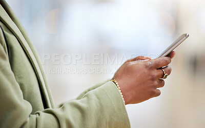 Buy stock photo Woman, hands and phone typing for communication, social media or texting in online networking or app. Hand of female person chatting on mobile smartphone for browsing internet or research at office