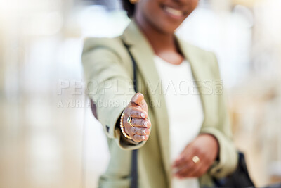 Buy stock photo Business woman, handshake and meeting for hiring, introduction or welcome in b2b agreement or deal at the office. Hand of female person or employee shaking hands for recruiting, greeting or thank you