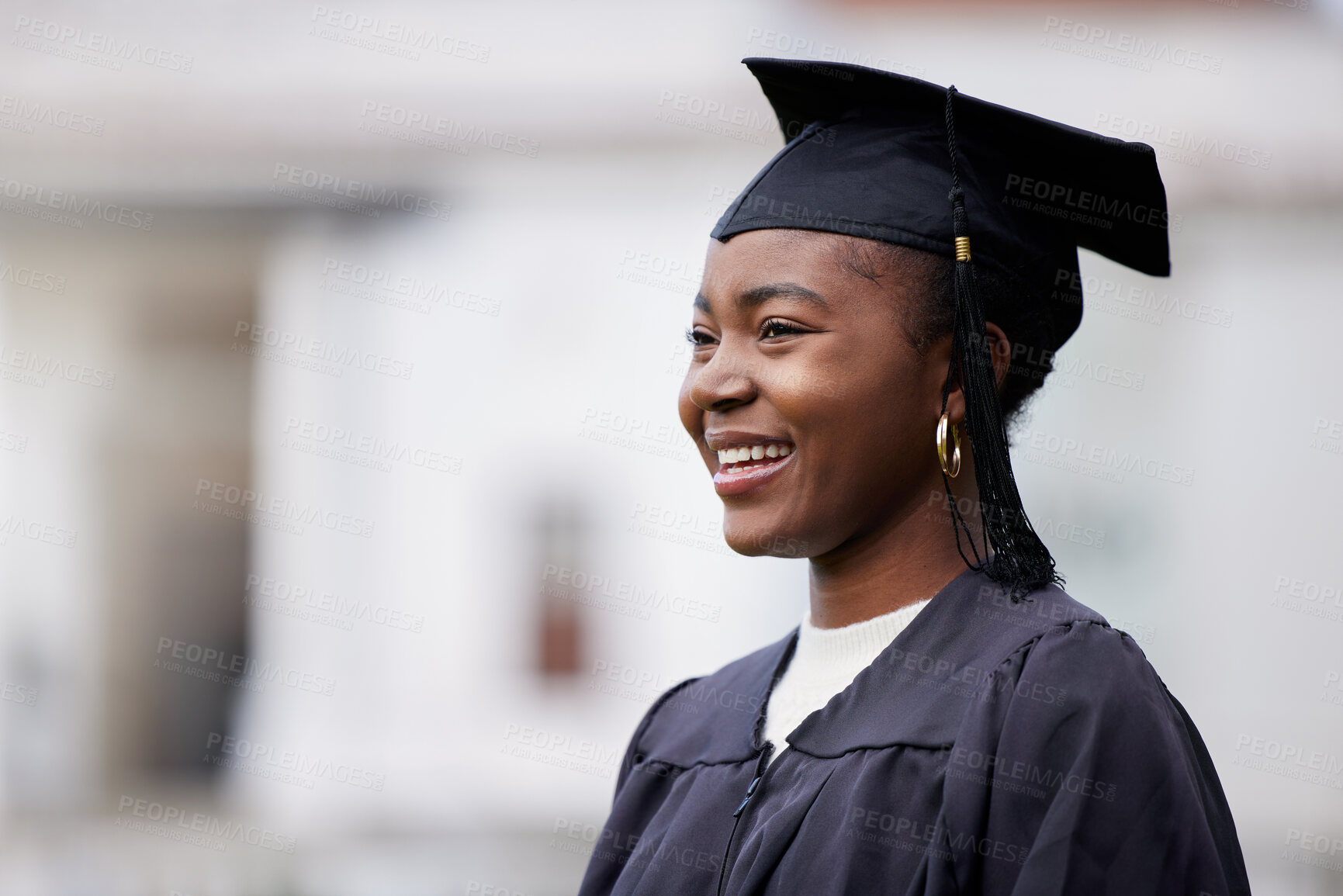 Buy stock photo Black girl, smile and student for graduation in outdoor, confident and college or education achievement. Female person, pride and happy for learning award, celebrate and campus ceremony at university